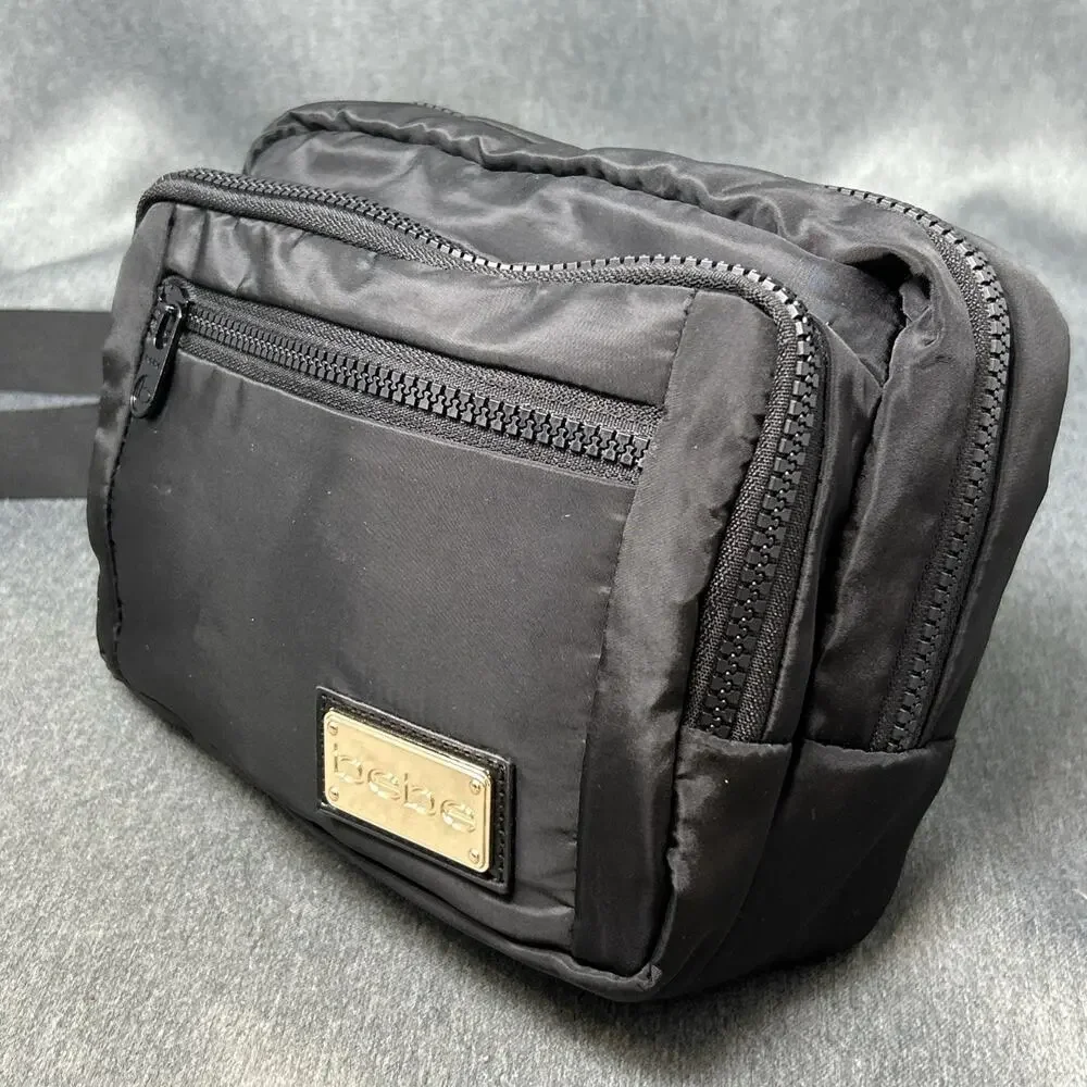 Bebe Black Nylon Belt Bag Fanny Pack Multi Pocket Crossbody Sling Travel 34-46